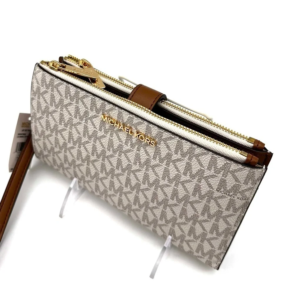 Michael Kors Large Double Zip Wallet Wristlet Vanilla/Brown